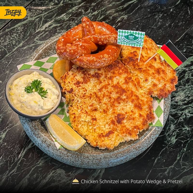 Chicken Schnitzel with Potato Wedge & Pretzel