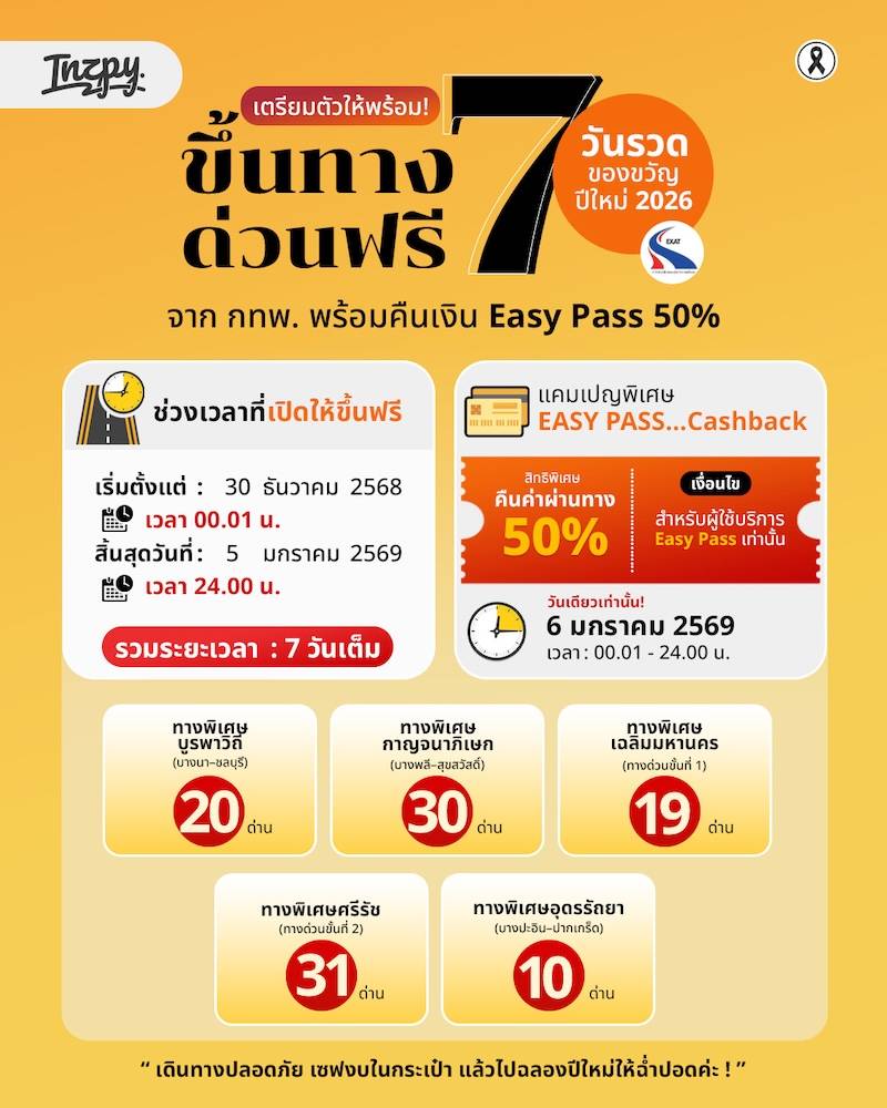 ขึ้นทางด่วนฟรี 7 วันรวด ของขวัญปีใหม่ 2026 จาก กทพ. พร้อมคืนเงิน Easy Pass 50%
